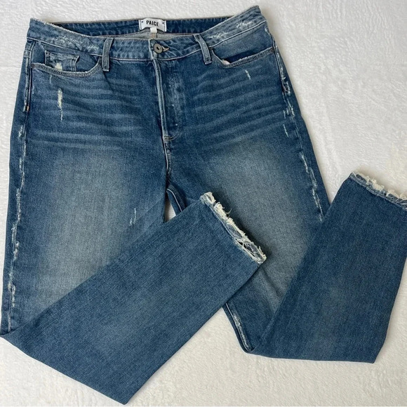 Paige sz 32 Hoxton Ankle Peg Distressed Button Fly Straight Leg Low Stretch EUC - Picture 1 of 12